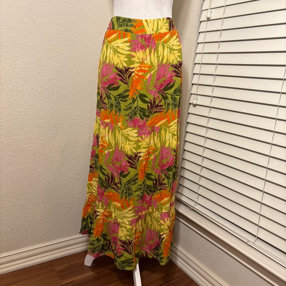 Tropical Floral Palm Leaf Tiered‎ Maxi Vacation Skirt Green Pink Orange Sz S